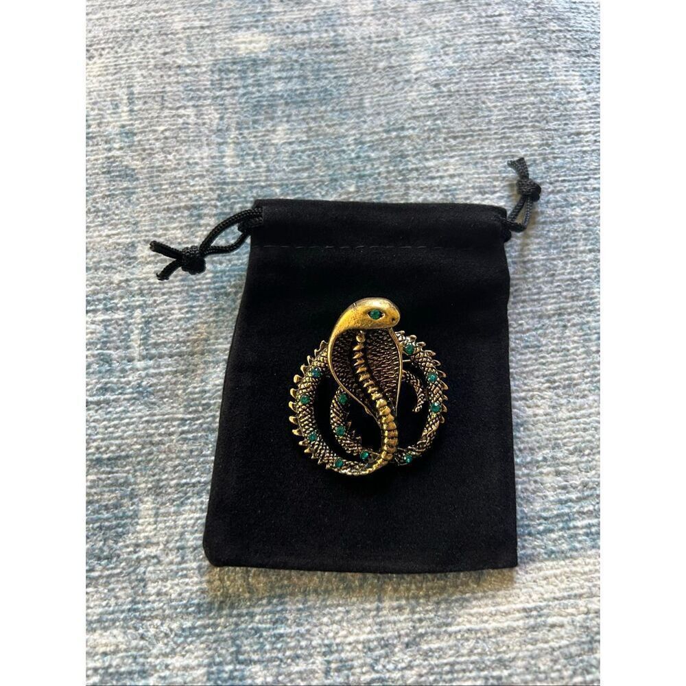 Gold Tone Blue Green Coiled Cobra Snake Brooch Pin